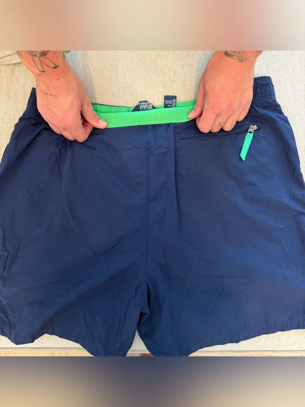 Polo by Ralph Lauren - Navy Swim Trunks with Green Waistband and Red Embroidery